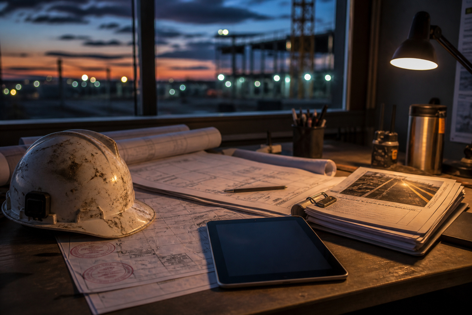 Jobsite trailer desk at dusk with drawings, a hard hat, and the project visible through the window.
